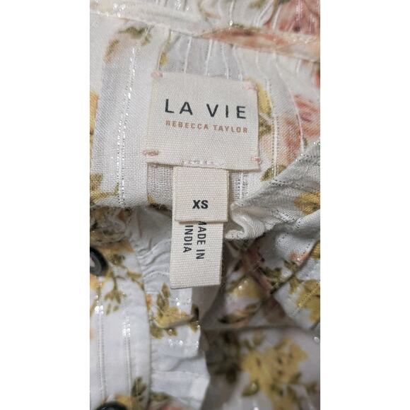 La Vie Rebecca Taylor Ivory Metallic Floral Madeleine Blouse XS Dainty Ruffle - Picture 8 of 12